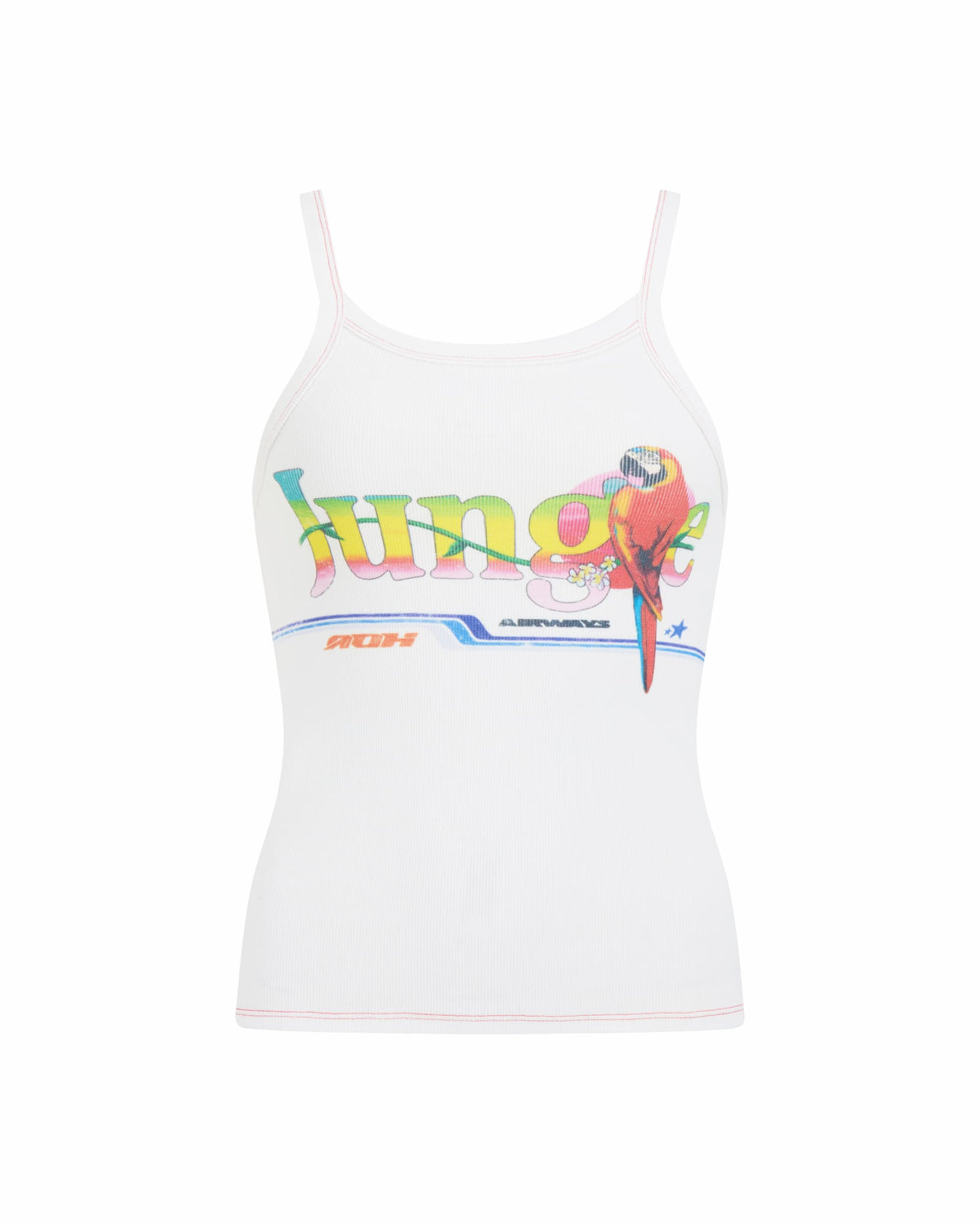 A white sleeveless tank top featuring a colorful 'Jungle' graphic with a parrot and blue athletic stripes on the front, displayed against a solid white background.